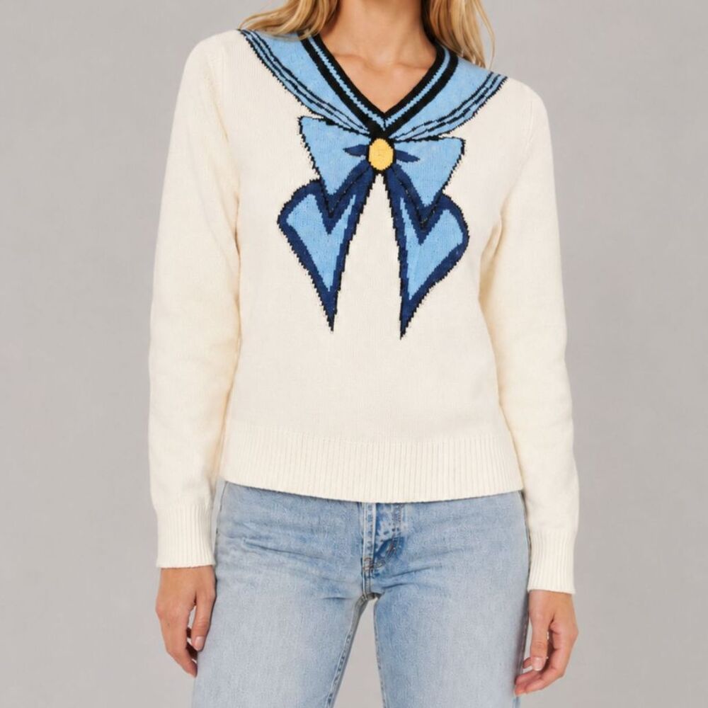 Blue White Bow Sailor Sweater Size Small